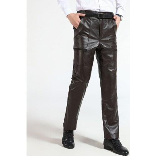 Luxury Brown Mens Cowskin Real Trousers Plus Size Loose Genuine Leather Man Zipper Cowhide Motorcycle Riding Pants