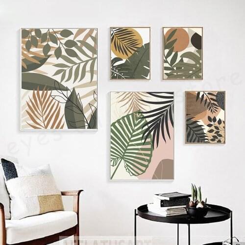 Geometry Circle with Green Plants Leaves Nordic Poster Wall Art Print Canvas Painting Wall Pictures for Living Room Decor