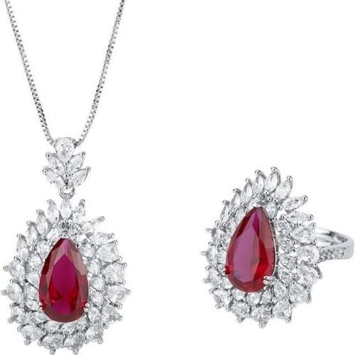 Imitation Jewelry Bride Full Pave Zircon Red Yellow Blue Stone Cluster Shape Open Ring Necklace Set for Women