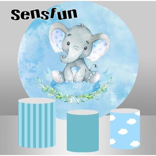 Sensfun Elephant Baby Shower Newborn Round Backdrop For Photography Blue Boys 1st Birthday Party Background Plinth Covers Custom
