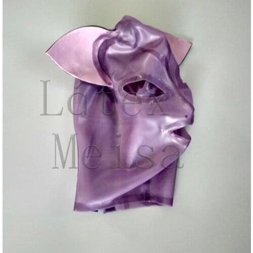 Transparent purple color latex mask sex animal cat open eyes and nostrils with back zip for female