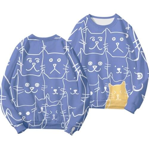 Fashion High Quality Mens Clothes Pullovers Casual Sportswear Mens Blue Cat Printed Spring Autumn Streetwear