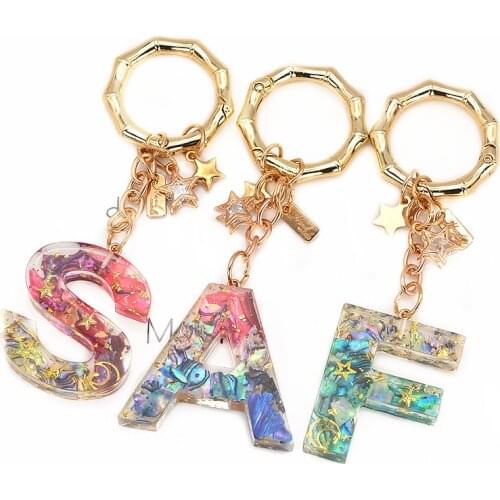 Fashion Star Moon Gold Foil Resin Letter A S F Pendant Keychain Women Cute Bamboo Pattern Round Keyring Bag Backpack Charms Gift