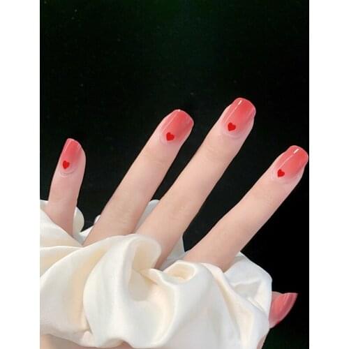 24pcs Fake Nails With Glue Red Heart Shape Wear Short Paragraph Fashion Manicure Patch False Nails Wearable Nail Patch DL