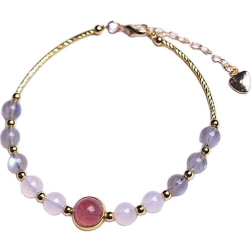 Natural crystal Moonstone single circle bracelet with strawberry crystal beads 14k gold healing for women bracelet jewelry