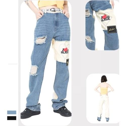 EukaaRu New Patchwork Mens Baggy Straight Pants Hip Hop Women Oversized Denim Pants Man Distressed Haren Pants Streetwear