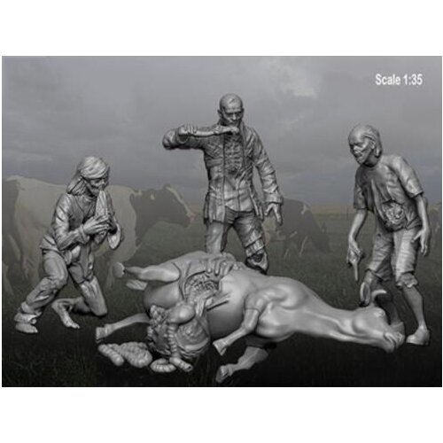 New Unassembled 1/35 Zombie - Cow Massacre inlcude 3 figures & 1 Dead Cow Resin Kit DIY Toys Unpainted resin model