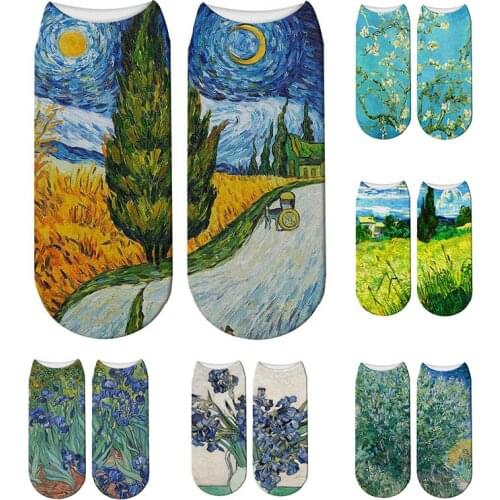 New 3D Printed Van Gogh Oil Painting Pattern Socks Flowers Pastoral Starry Sky Funny Art Women Happy Colorful Low Ankle Socks