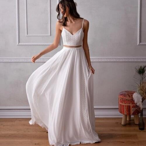 Charming Two Pieces Boho Wedding Dresses Spaghetti Straps White/Ivory Chiffon Beach Bridal Gown Robe de Mariee