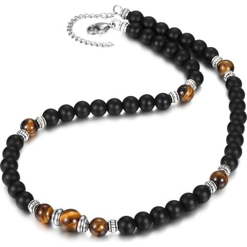 Natural Stone Bead Necklace for Men Women Lobster Clasp Adjustable Mixed Black Matte Tiger Eye Stone Charm Jewelry Gifts LDN145