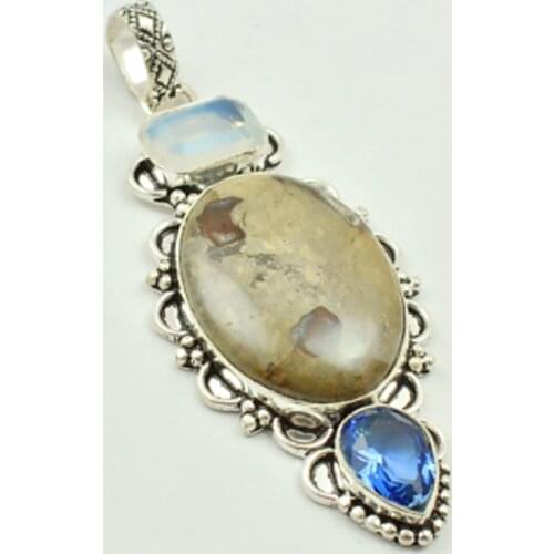 Turtella Jaspers & Opalite Pendant Silver Overlay over Copper , 75 mm, P3302