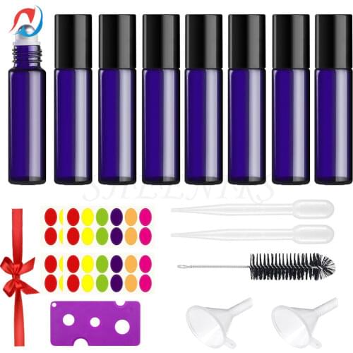 Sheenirs 16pcs 10ml Thick Amber/blue Roll Essential Oil Vials with Stainless Steel Glass Roll On Bottle for Perfume Aromatherapy
