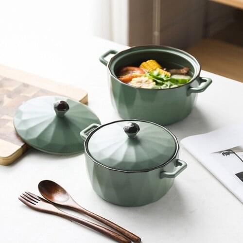 Household Green Heat Resistant Noodle Pot Binaural Ceramic Salad bowl Soup Pot With Lid Microwave Use