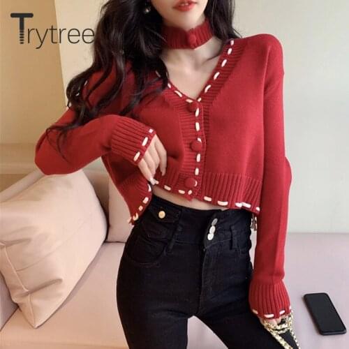 Trytree 2021 Spring Woman Casual Sweater V-neck Neck Strap Single Breasted Cardigan Women Elastic Tops Knitted Sweet Short Coat