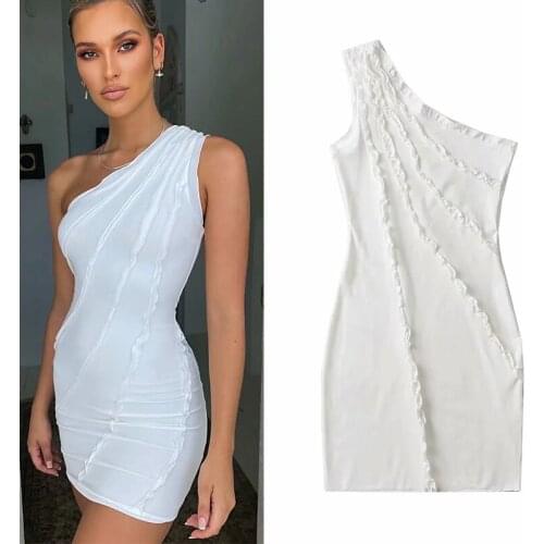 WESAY JESI Womens Clothing 2021 Dresses Za Summer Sexy One Shoulder Bodycon Dress Woman Chic Sleeveless Solid Color Sundress