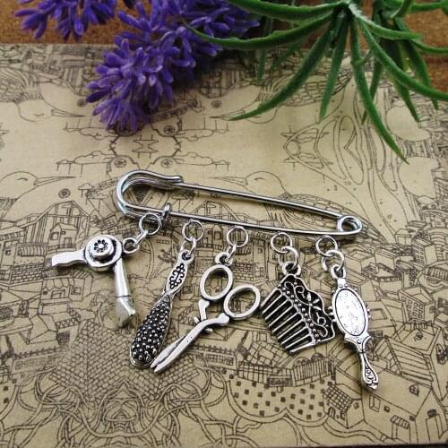 Hairdresser Inspired Hair Stylist Bag Pin Gift For Hairdresser Hair Gift. Brush Hair Dryersilver plated charm brooch
