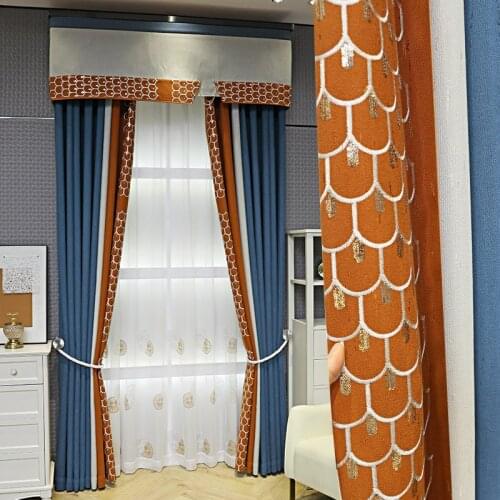 Custom curtains High-quality Simplicity Splicing blue orange cotton livingroom cloth blackout curtain valance tulle panel M1090
