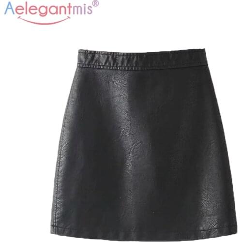 Aelegantmis Elegant Office Lady High Waist Pu Leather Skirt Women Summer Casual Solid Black Mini A-line Skirt Ladies Short Skirt