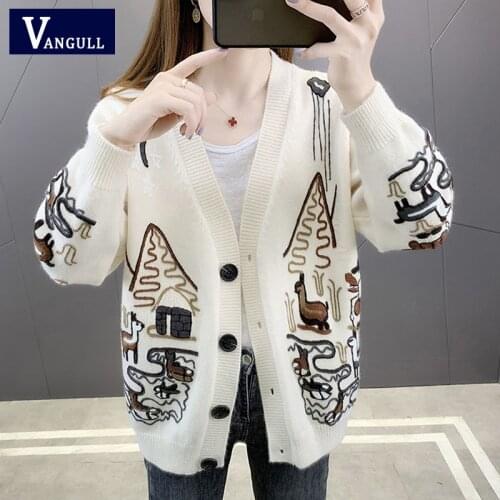 Vangull Oversized Women Cardigan Sweater 2021 Spring Autumn Long Sleeve Knitted Cardigan Outwear Embroidery Coat Woman Sweater