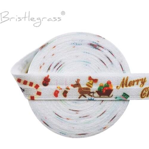 BRISTLEGRASS 100 Yard by Roll 5/8" 15mm Christmas Elk Sled Print Fold Over Elastics FOE Spandex Satin Band Hair Tie Dress Sewing