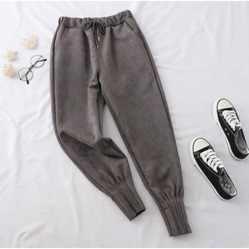 Abrini 2021 Winter Womens Trousers With Pockets Harem Pants British Style Cropped Trousers Elastic Waist Stretch Loose Leggings