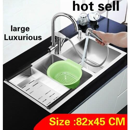 Free shipping Apartment luxurious large kitchen manual sink double groove vogue durable 304 stainless steel hot sell 820x450 MM