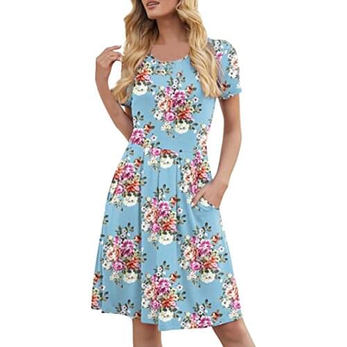 Women short sleeve pleated A-line flowy dress with pockets Summer floral print sun dresses for women Lady party slim tunic dress