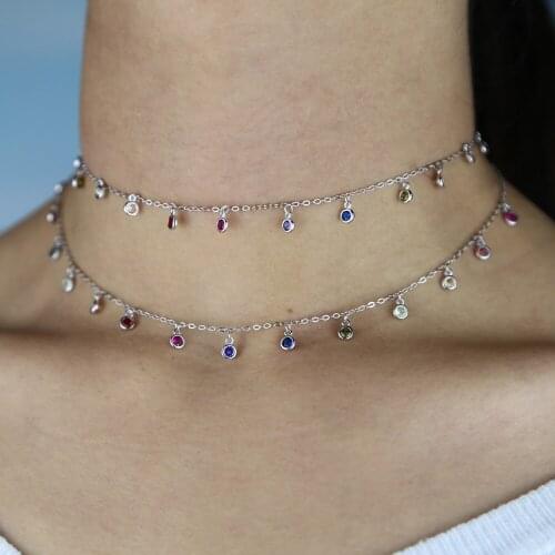 TWO COLOR 925 sterling silver cz multi colors rainbow round dots choker statement necklace gold color vermeil fashion jewelry