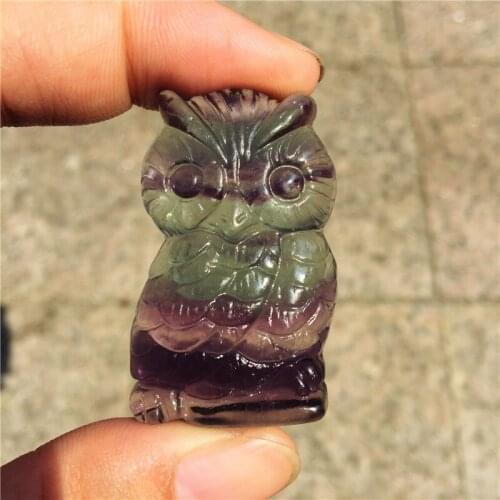 Beautiful Natural Rainbow fluorite owl crystal mineral jewelry wisdom happiness Necklace pendant 1pcs