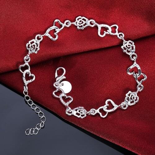 Beautiful hot women bracelet HEART lovely FLOWER chain fashion Wedding Party Silver cute lady nice bracelet jewelry LH009