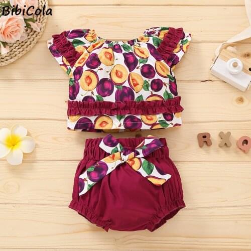 Newborn Baby Summer Clothing 0-4T Toddler Girl Flying Sleeve Tops + Red Shorts Fruit Print Outfit Clothes 2Pcs Set Cute Suit