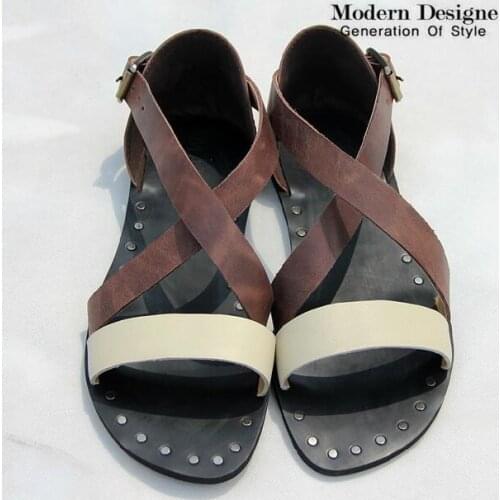Mens Genuine cow Leather sandals mens Roman shoes strap lace sandals summer leisure beach shoes male