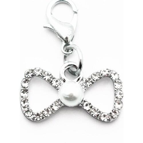 Newest 20pcs/lot bowknot Crystal pearl Dangle Charms Lobster Clasp Hanging Charm For Bracelet&Pendant Floating Charms Jewelry