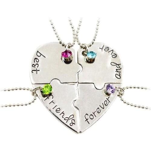 New Popular Jewelry four parts of the puzzle Heart shaped inlay rhinestones pendant Best Friends Forever and ever Necklace