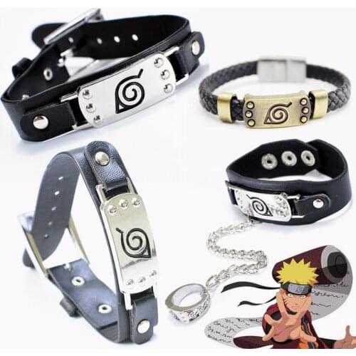 New Anime Hokage Hatake Kakashi Copslay Bracelet Ninja Uchiha Konoha Symbol PU Leather Hand Strap Metal Wristband Props