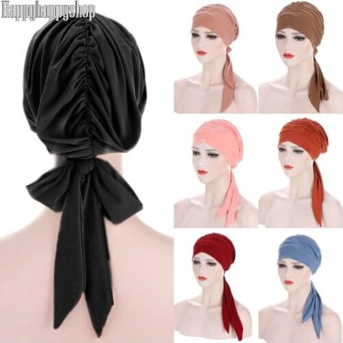 Solid Color Long Tail Bow Turban Hat Elastic Headwrap Scarf Beanies Hat India African Headband Muslim Hijab Ladies Night Cap