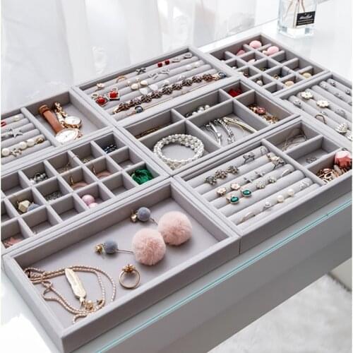 DIY Jewelry Storage Tray Velvet Ring Bracelet Storage Organizer Gray Drawer Rings Earrings Pendants Storage Box Holder Display