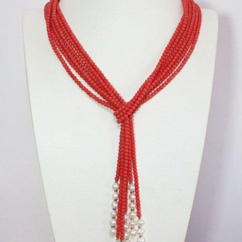 Romantic Newly Pink Orange Artificial Coral 5mm Round Beads Natural White Pearl 3Strands Hot Sale Scarf Necklace 50inch B1447