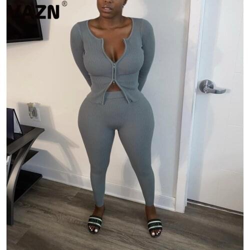 VAZN 2020 Autumn Knit Outfits Classic Gray Young Sexy Daily Soft Full Sleeve Group Pencil Long Pants Slim Women 2 Piece Set