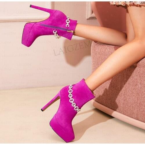 LAIGZEM Women Ankle Boots Real Suede Pointed Toe Side Zip 13CM High Heels Booties Party Crystal Prom Shoes Woman Size 33 39 41