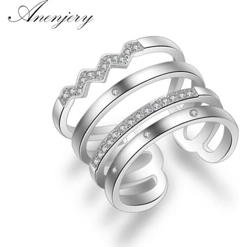 ANENJERY 925 Sterling Silver Opening Rings Personality Exaggerated Multi-layer Mosaic Zircon Rings For Women S-R308