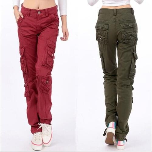 Womens Casual Army Green military cotton cargo pants women loose Multi pockets straight Street Dance trousers
