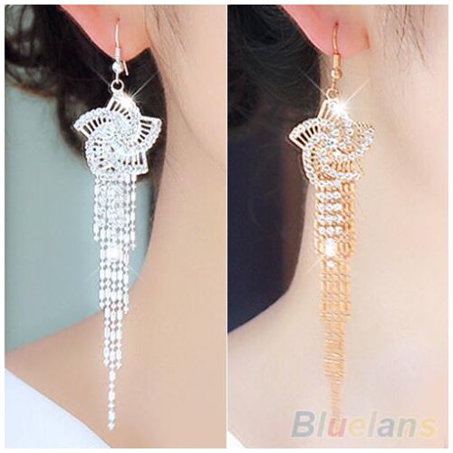Womens Rhinestone Alloy Flower Long Tassels Drop Hook Dangle Cocktail Party Linear Earrings 1SZC