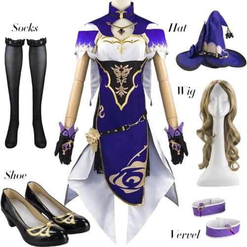 Woman Cosplay Costume GameGenshin Impact Sexy Queen Lisa Clothing Accessories Set Anime Curly Wig Hat Project Girl Dress Shoes