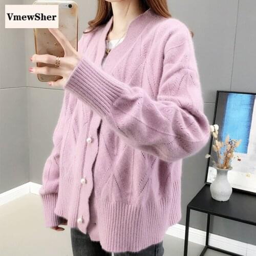 VmewSher New Knitted Women Sweater Cardigans Single Breasted Solid V-neck Long Sleeve Pearl Buttons Loose Female Knitted Tops