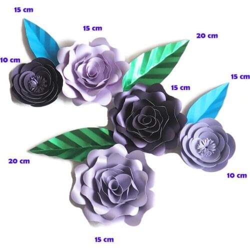 DIY Giant Paper Artificial Flowers Wedding Fleurs Artificielles Backdrop Artificial Rose 5PCS+4 Leave Party Decor Nursery Purple