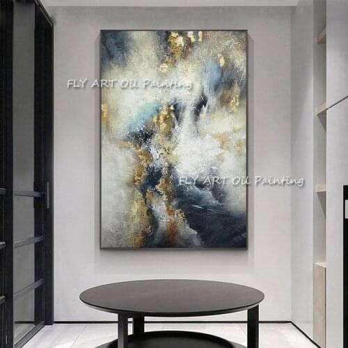 Hot Sell Art Large Size Hand Painted Abstract Gold Foil Dark Blue Oil Painting On Canvas Wall Picture Art Living Room Home Decor
