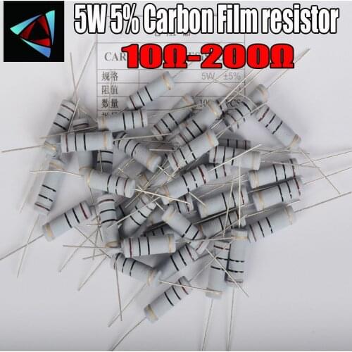 5pcs 5W 5% Carbon Film resistor 1R ~ 1M 10 12 15 18 20 22 24 27 30 33 36 39 43 47 51 56 62 68 75 82 91 100 120 150 180 200 ohm