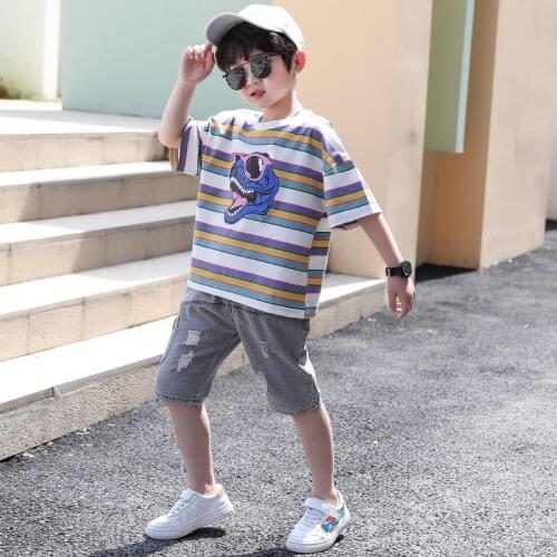 Fashion Children Boys Clothing Sets Summer Striped Cotton T-Shirt +Jeans Shorts 2Pcs Cartoon Kids Sports Suits 4-14years