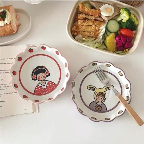 Ceramic Bowl Cute Cartoon Girl Tableware Retro Home Fruit Salad Korean Ins Wind Girl Mood Partner Lace Breakfast Bowl